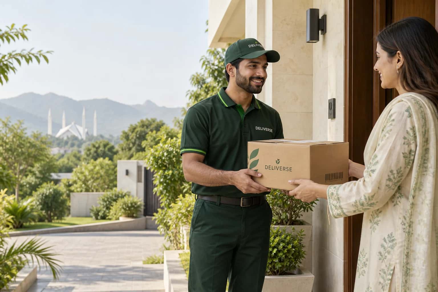 Illustration of a Deliverse courier collecting a parcel at a home in Islamabad