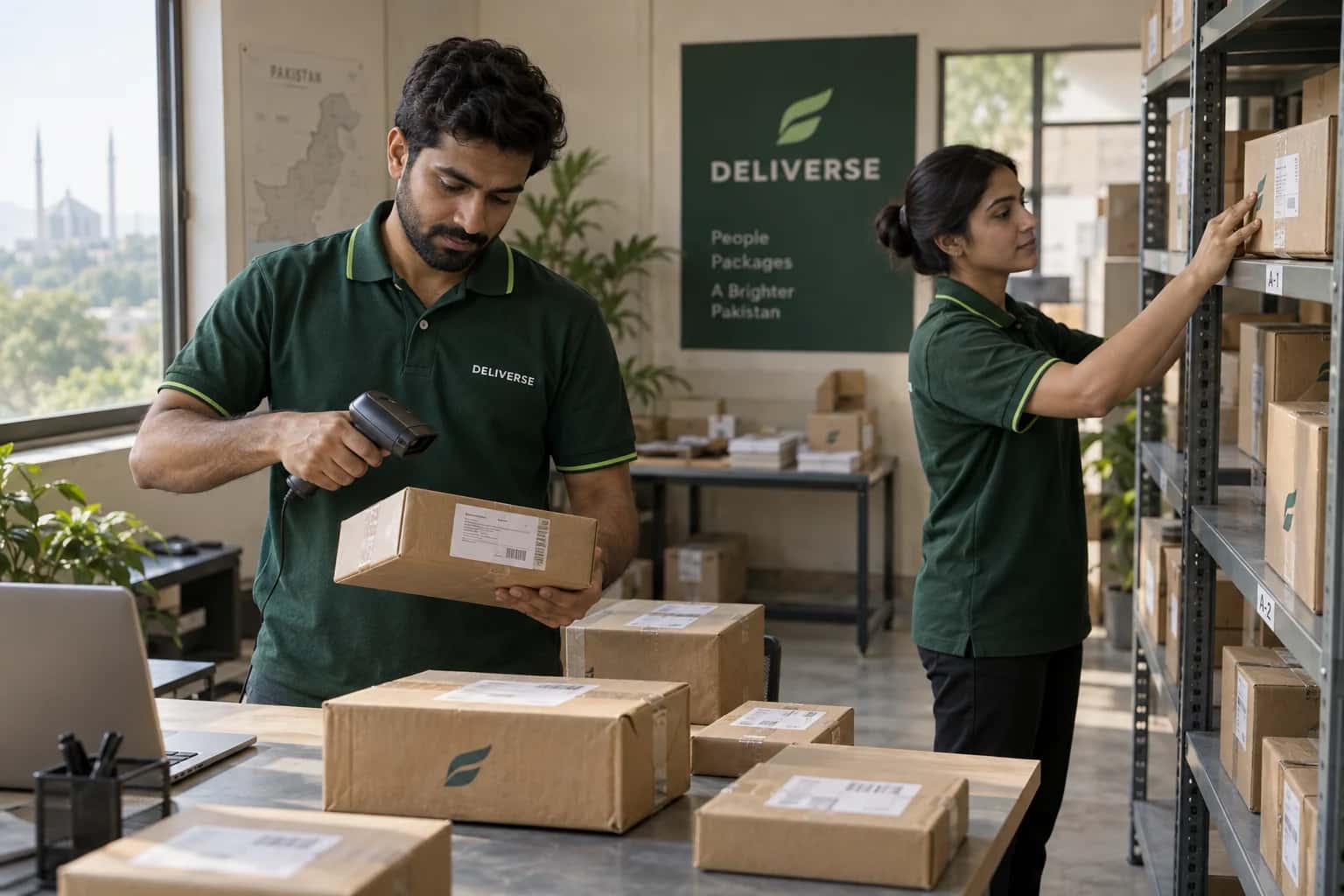 Illustration of Deliverse staff organizing parcels in a sorting hub