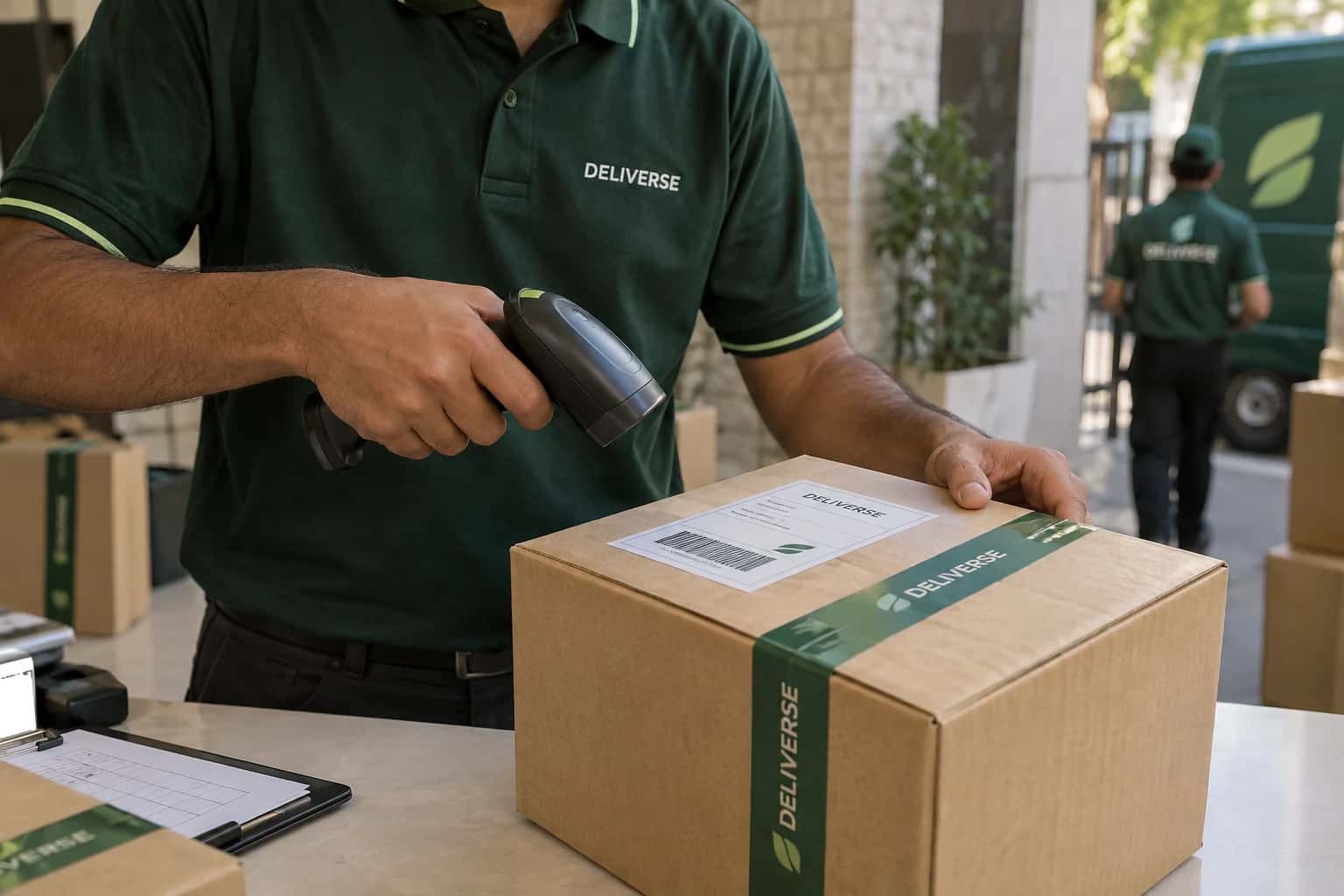 Illustration of a courier scanning a parcel barcode